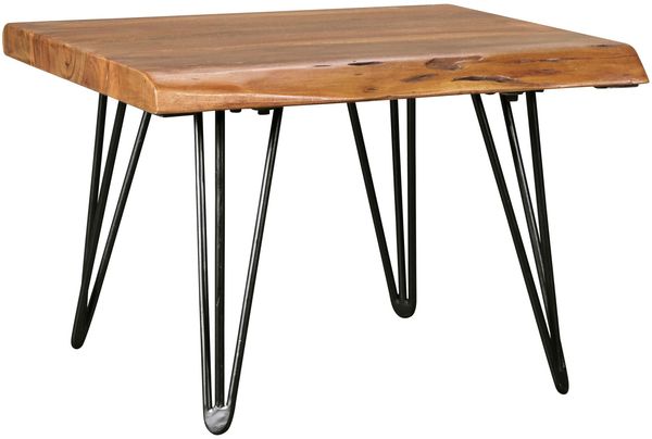 Design Couchtisch Sheesham Massivholz Tisch Baumkante 56 x 38 x 51 cm, Sheesham Holztisch mit Metallbeinen, Wohnzimmertisch im rustikalen Landhausstil