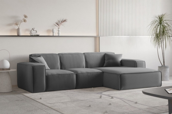 Ecksofa Designersofa CELES PREMIUM Stoff Opera Velvet Dunkelgrau Ottomane Rechts