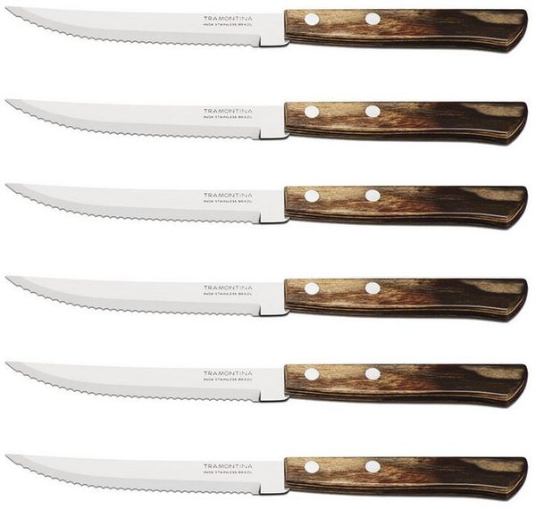 Tramontina Steakmesser Pizzamesser Set, im 6er Set – mit Holzgriff (6 Stück), FSC Holzgriff, rostfreier Edelstahl, Wellenschliff, spülmaschinenfest