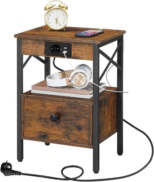 Hoobro Nachttisch mit Ladestation (40×30×60 cm, klappbare Schublade, verstecktes Kabelmanagement), USB-A/USB-C & Steckdose, Nachtschrank im Industrial-Design