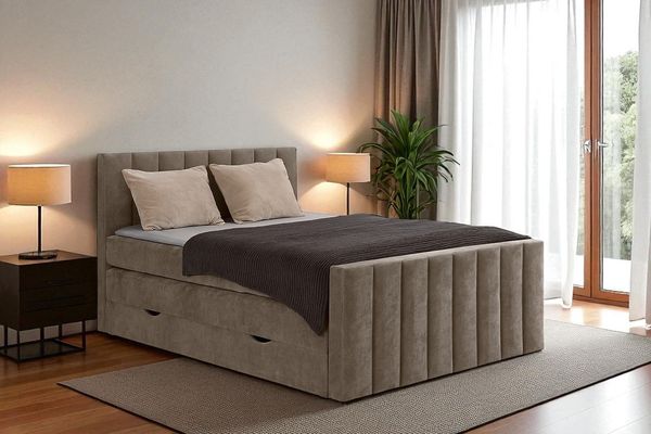 MEBLINI King Boxspringbett VARANO 120x200 cm mit Bettkasten – H3/Hellbraun Samt Polsterbett - Gepolstert Doppelbett mit Matratze und Topper - Polsterbett mit Stauraum - Bett mit Kopfteil – Stauraumbett