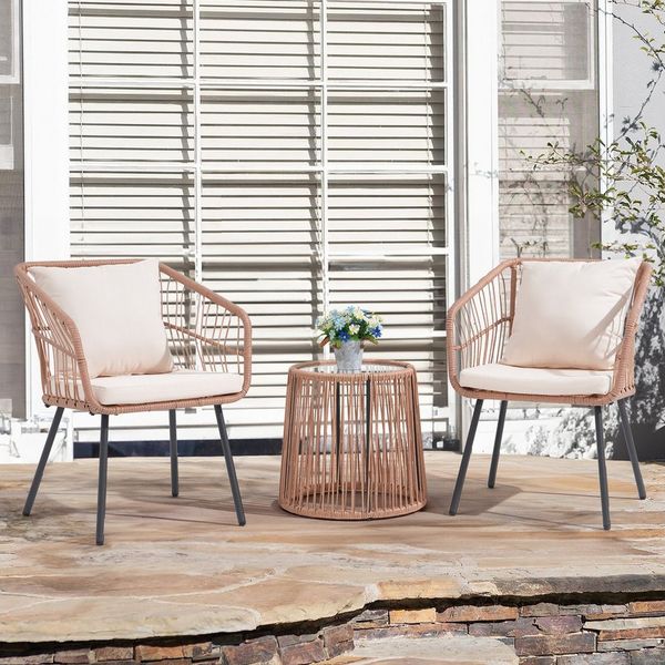 JOIVI Balkonset Outdoor 3-tlg Balkon Set, Bistro Set, Rattan Gartenmöbel mit Kissen, (Couchtisch mit Glastischplatte), Sitzgruppe für Garten, Balkon, Hinterhof, Natur
