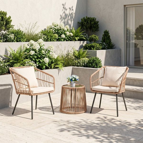 Sunsitt Balkonset Outdoor 3-tlg Balkon Set, Bistro Set, Rattan Gartenmöbel mit Kissen, (Couchtisch mit Glastischplatte), Sitzgruppe für Garten, Balkon, Hinterhof, Natur