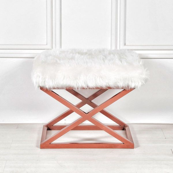 Atelier Del Sofa Stylish Pouffe with Metal Frame, 50 x 42 x 40 cm | 100% Polyester Babyface Fabric, Copper & White | Perfect for Modern Living Spaces