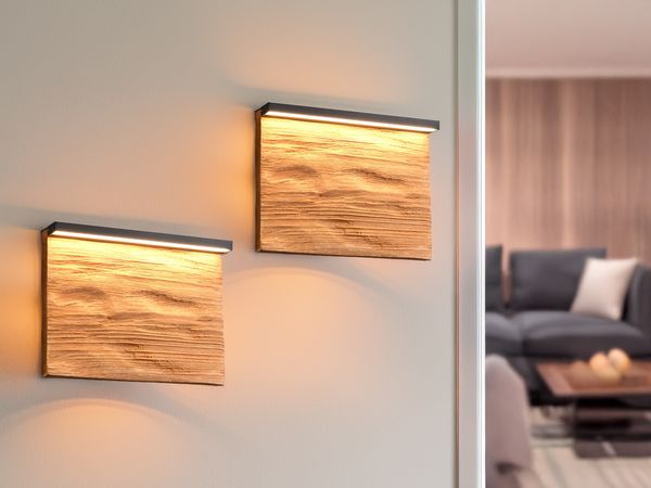 2er Set LED Wandleuchten aus Naturholz flach & dimmbar, Breite 20cm