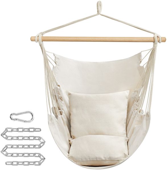 SONGMICS Hängesessel, Hängeschaukel, Hängestuhl mit 2 Kissen, Metallkette, bis 150 kg belastbar, Indoor und Outdoor, Wohnzimmer, Schlafzimmer, cremeweiß GDC187M01