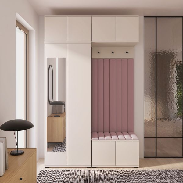 Garderoben-Set Napoli Version 11: Kleiderschrank mit Polsterpaneelen, Schuhschrank und Schrankaufsatz Flur und Eingangsbereich (Cashmere/Trinity 19), 229 x 40 x 140 cm