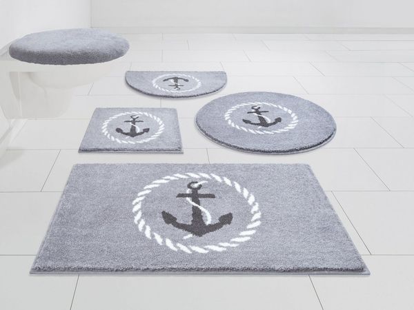 Grund Badematte Port Louis, Höhe 20 mm, rutschhemmend beschichtet, fußbodenheizungsgeeignet, Kunstfaser, rechteckig, Design mit Anker, maritim, Made in Europe