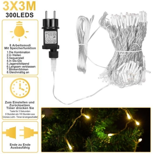 Rosnek LED-Lichtervorhang 300 LED Lichternetz Lichtervorhang Lichterkette, Weihnachtsdekoration, 8 Modi, 31 V Energiesparen mit Timer und Speicher Bild 4
