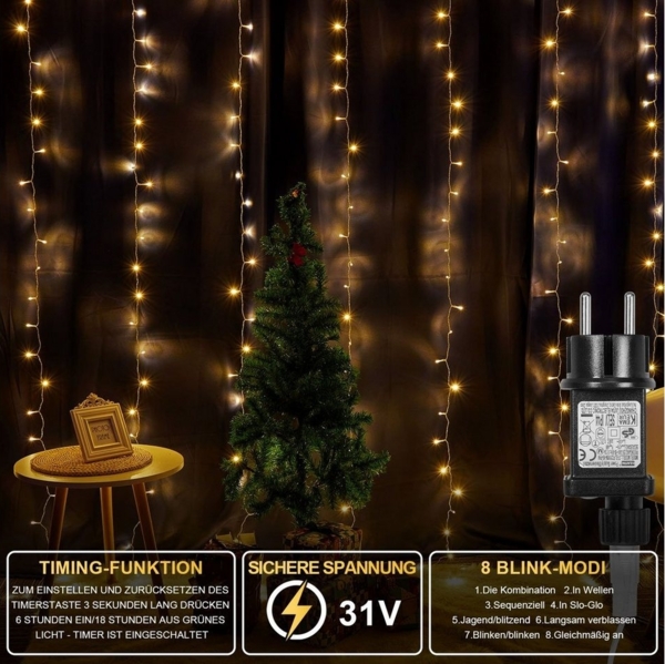 Rosnek LED-Lichtervorhang 300 LED Lichternetz Lichtervorhang Lichterkette, Weihnachtsdekoration, 8 Modi, 31 V Energiesparen mit Timer und Speicher Bild 3