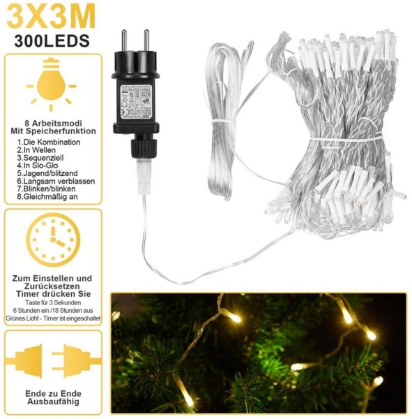 Rosnek LED-Lichtervorhang 300 LED Lichternetz Lichtervorhang Lichterkette, Weihnachtsdekoration, 8 Modi, 31 V Energiesparen mit Timer und Speicher Bild 2