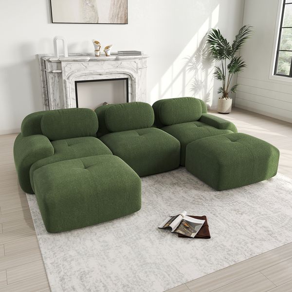 Ecksofa in Grün aus Cord, modulare rahmenlose Sitzfläche mit 32D-Hochdichteschaum, ohne Montage,75x298x178 cm