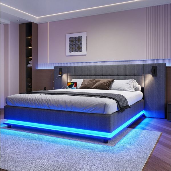 Merax Polsterbett (1-tlg), Doppelbett 180x200cm mit LED-Leiste USB-Anschluss Leselicht, Leinen