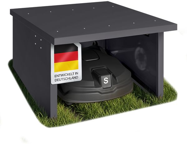 STEELSØN 'Drakon' Mähroboter Garage, Metall, anthrazit, wetterfest, 53/42x77x90 cm, Mähroboterhaus mit aufklappbarem Pultdach