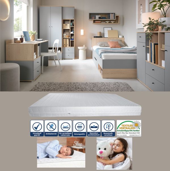 Jugendzimmer Nova in Grau und Eiche – Moderne Möbel Komplett-Sets für Kinder & Jugendliche, in verschiedenen Set-Varianten oder als Einzelmöbel - 8 teilig , Kleiderschrank · Standregal · Schreibtisch · Jugendbett 120 × 200 cm · Matratzenauflage · Kommo...