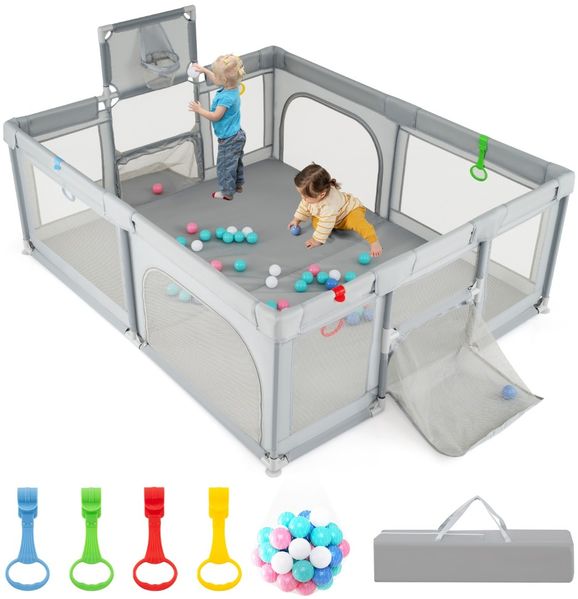 188 x 157 cm Baby Laufstall mit Basketballkorb Fußballtor faltbarem Kleinkind-Laufgitter mit Reißverschlusstür Hellgrau