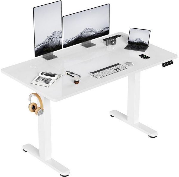 HOMALL Schreibtisch Höhenverstellbar mit 3-Buchsen und 2-USB-Ports mit kabellosem Laden (Verbreiterter Desktop 140*70cm 160/180*80cm, mit Kabelaufbewahrungsbox)