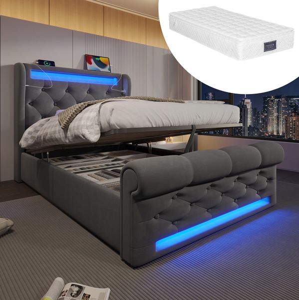Polsterbett 90x200 cm mit LED, Stauraum & USB/Typ-C – Samtbett in Grau inkl. Matratze