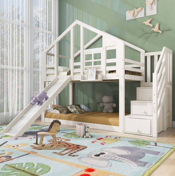 Kinder-Etagenbett Baumhaus mit Rutsche & Stauraum, 90x200 cm, weiß, inkl. 2 Lattenroste