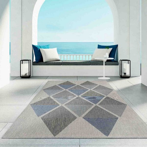 TaraCarpet Teppich Regina Teppich aus robustem Flachgewebe für In und Outdoor, rund, Höhe: 7 mm, Küche Wohnzimmer Terrasse Garten Balkon Karo blau 120X120