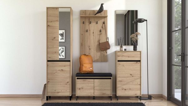 Home affaire Garderoben-Set Arran Flurmöbel, Dielenmöbel, Flurschrank, Flurgarderobe Breite 189 cm, (5tlg), inkl. 2 Schränke, Sitzbank mit Kissen, Garderobenpaneele und Spiegel
