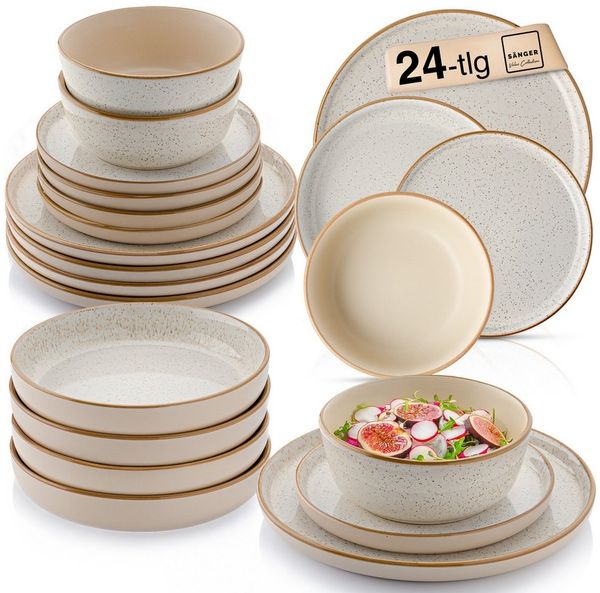 SÄNGER Steingut Geschirrset Rio Creme, Tafelservice 24 teilig für 6 Personen