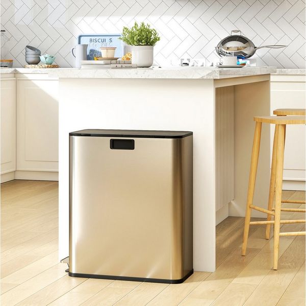 HOMCOM Mülltrennsystem Fingerabdruckresistent, Schmetterlingsdeckel, 2 Fächer je 28L, Soft-Close, Edelstahl, herausnehmbar