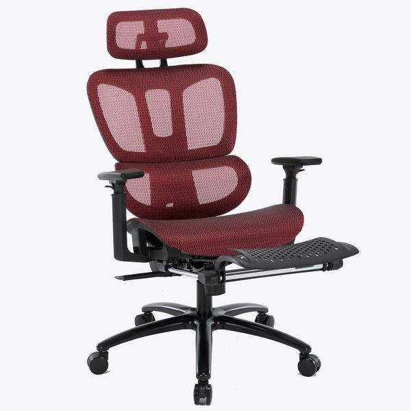 Bürostuhl in moderner Mesh-Optik mit Fußstütze ergonomischer Drehstuhl mit Nacken und Lordosenstütze - Gamingstuhl mit atmungsaktiver Netzrückenlehne und Wippfunktion Schwarz/Rot