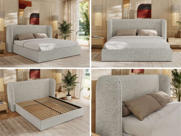 Polsterbett Bett mit Holzlattenrost Schlafzimmer Bett Doppelbett gepolstertes Kopfteil Pocket Matratze - EMORA CLASSIC - 160x200 cm - Hellgrau Strukture - VIRE LUX Bild 2