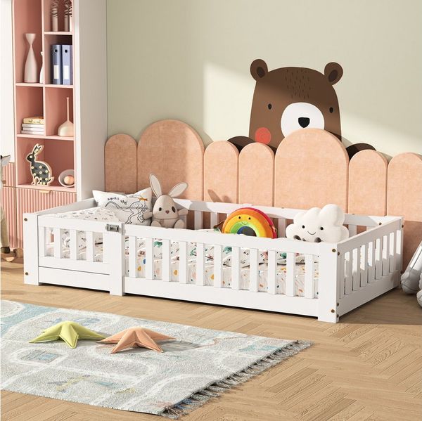 SEEZSSA Einzelbett Massivholzbett Holzbett Weiß Bodenbett mit Kopf und Fußteil Bett (120x200 cm Kinderbett Montessori Bett), mit Lattenrost und Rausfallschutz,Weiß-C