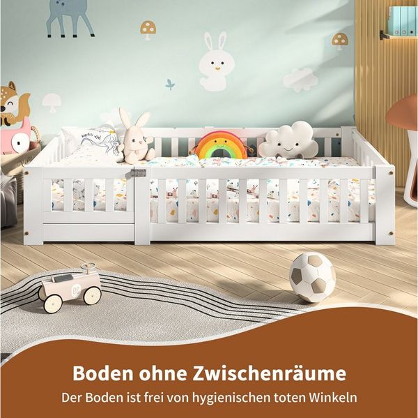 SEEZSSA Einzelbett Massivholzbett Holzbett Weiß Einzelbett mit Kopf und Fußteil Bett (120x200 cm Montessori Bodenbett Bett), mit Lattenrost und Rausfallschutz,Weiß-C