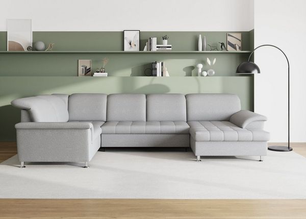 DOMO collection Wohnlandschaft Franzi optional mit Bettfunktion, Bettkasten & Kopfteilverstellung, U-Form, Recamiere rechts, silber, B/T: 352/214 cm