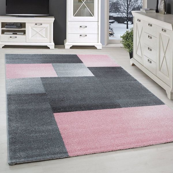 SIMPEX24 Teppich Kariert Design, Läufer, Höhe: 11 mm, Kurzflor Teppich Wohnzimmer Kariert Design Rosa Teppich im Modern Stil