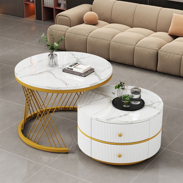 2-teiliges Couchtisch-Set mit Marmoroptik, runde Beistelltische mit Schubladen, Hochglanz Weiß, MDF Wohnzimmertische Set