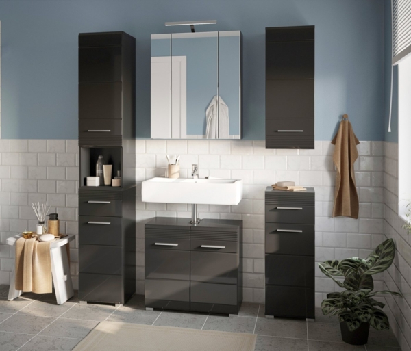 Newroom Waschbeckenunterschrank Eleano Waschbeckenunterschrank Schwarz Hochglanz Modern Badschrank Bild 3