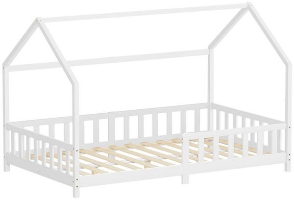 ML-DESIGN Spielbett Hausbett Kinderbett inkl. Lattenrost kreativ Bodenbett für Kinder, Abenteuerbett zum Spielen mit Rausfallschutz Kiefer Weiß Himmelbett