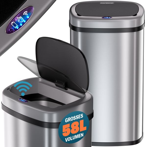 MONZANA® Sensor Mülleimer 58 L Wasserdicht Automatik Eckig Küche Abfalleimer Müllbehälter Edelstahl