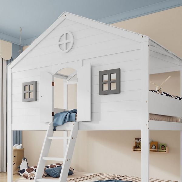 MC Star Hausbett mit Treppe, mit Fallschutz und Gitter, Zwei graue Fenster, Kinderbett (mit Fenster, Frei gestaltetes Unterbett, Rahmen aus Kiefer, Kiefer+MDF, Weiß+Grau, 90x200cm)