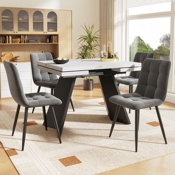 Esstisch 99/159x74x77 cm, ausziehbar, marmorierte MDF‑Platte mit Metalllbeinen, inkl. 4 Samt‑Essstühle 44x46x86 cm, Weiß/Schwarz