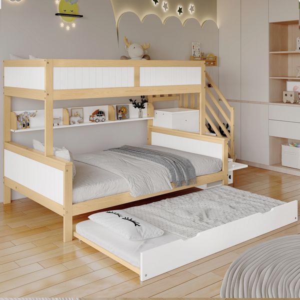 Etagenbett 90x200/120x200 mit Rollbett (90x190) und Stauraumtreppe, Massivholz+MDF, mit Kleiderschrank, weiß-natur