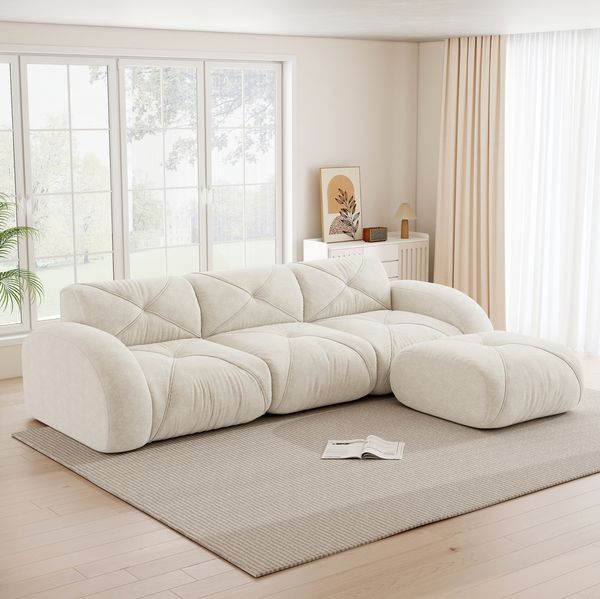 Modulares Sofa aus Chenille, L-Form mit Hocker, 281 x 171 x 76 cm, hellbeige