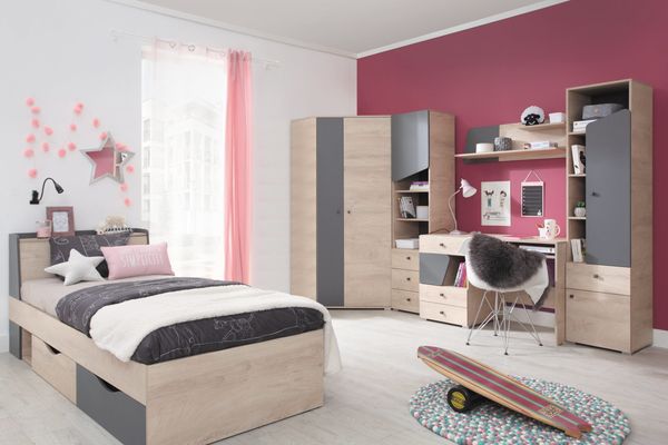 Jugendzimmer Danni – in Eiche & Anthrazit mit schrägen Fronten, Moderne Komplett-Sets, verschiedene Set-Varianten oder als Einzelmöbel - 7 teilig , Eckkleiderschrank · Standregal mit Schubkästen · Standregal mit Tür · Schreibtisch · Wandregal · Jugendb...