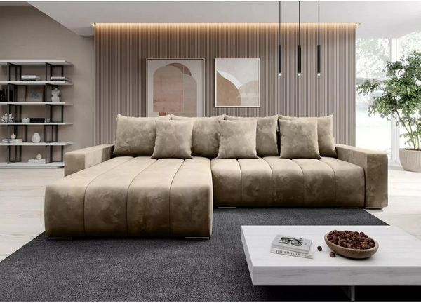 Muffo Ecksofa PIANO, elegante vertikale Nähte, Bettzeugablage, Schlaffunktion 234x137, Lose Rückenkissen