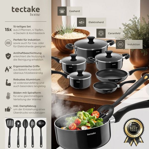 tectake Topf-Set Aluminium Kochtopfset, Aluminium (Komplettset, 15-tlg), 15-teilig