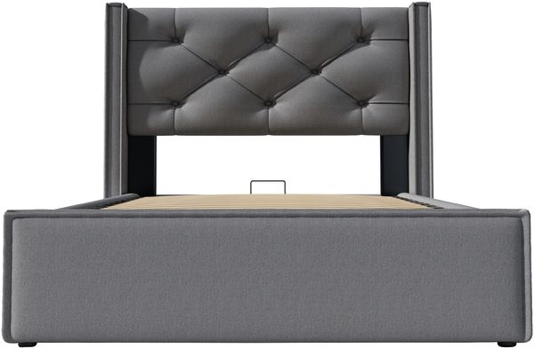 Polsterbett 90×200 cm mit hydraulischem Bettkasten, Steppkopfteil, Grau, mit Matratze Bild 9