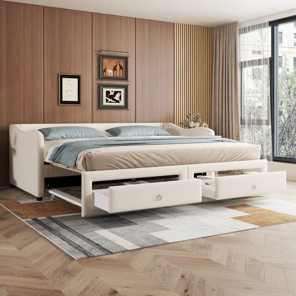 Tagesbett mit Ausziehbett & 2 Schubladen, 90x200 cm, Beige, ohne Matratze