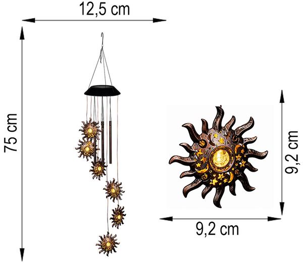 2x LED Solarwindspiel, Hängeleuchte, Sonne, Klangstäbe, H 75 cm Bild 7