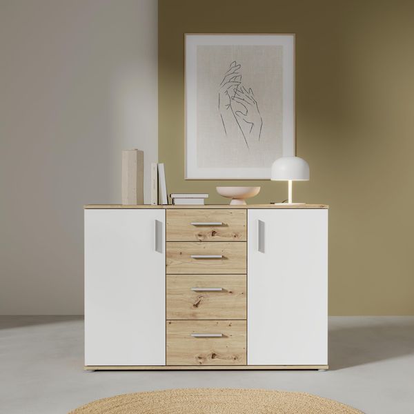 Forte IKOLI Kommode 120, Moderne Kommode, 2-türig, 4 Schubladen, Wohn-/Schlafzimmer, Flur, Holzwerkstoff, Weiß mit Artisan Eiche Holzdekor, 119,6 cm breit x 81,7 cm hoch x 31,4 cm tief