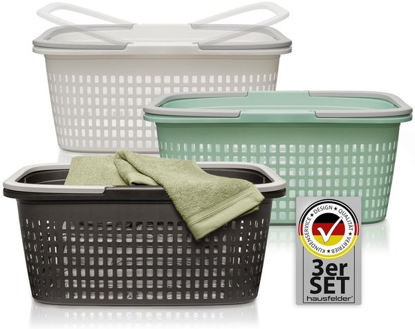 Hausfelder Wäschekorb Wäschewanne 58 x 37 x 25 cm (Farbmix, 3 Körbe, 35 l) (Set, 3 St, 3 x Wäschekörbe), mit klappbaren Henkeln, mit Griffen, 35 Liter
