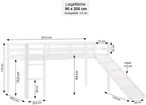 Homestyle4u Hochbett mit Rutsche, Kiefernholz, 90x200 cm, weiß Bild 3